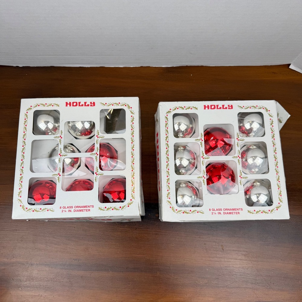 Vintage Holly Glass Christmas Ornaments Red Silver 2.25" Lot of 15 214/8